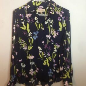 Philosophy Navy Floral Button-Front Blouse with Green and Pink Accents